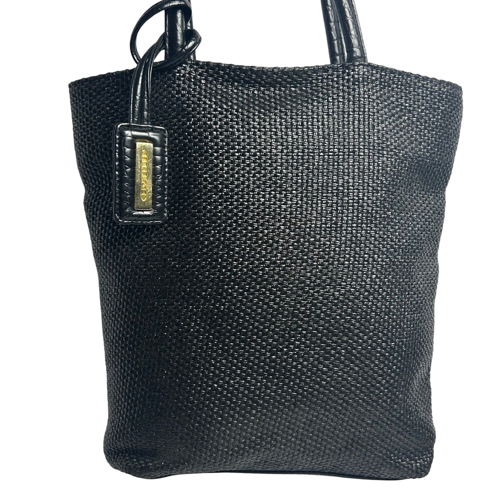 Bueno Black Woven Straw Tote Bag Croc Embossed Trim Leopard Inerior